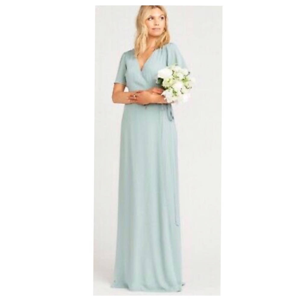 SMYM Sophia Wrap Hi-Lo Bridesmaid in Silver Sage